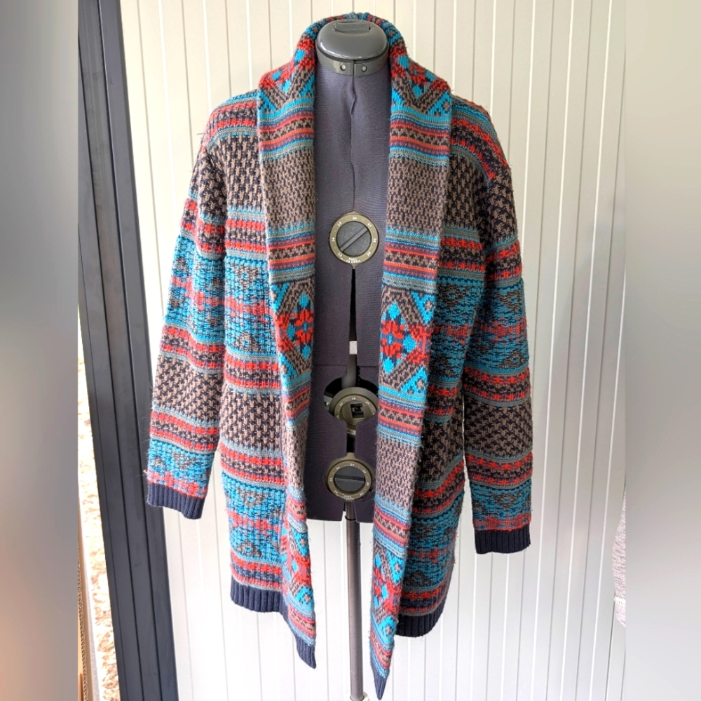S/M Mohair Blend knit cowl collared wrap cardigan blue red-orange grey Fair Isle